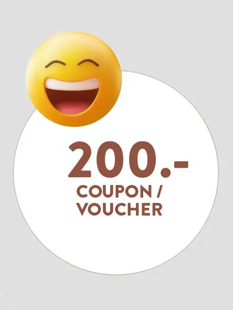 Image of a smiling emoji next to a 200-euro voucher