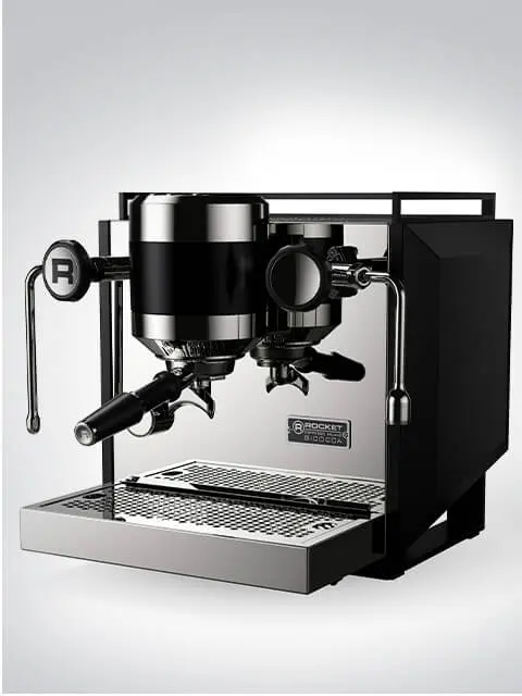 Hochwertige Rocket Espresso R58 Siebträgermaschine in glänzendem Edelstahl-Design mit zwei Brühgruppen, ideal für Espresso-Enthusiasten