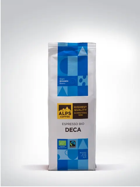 Verpackung von ALPS Coffee Espresso Bio Deca mit Bio- und Fairtrade-Zertifizierung