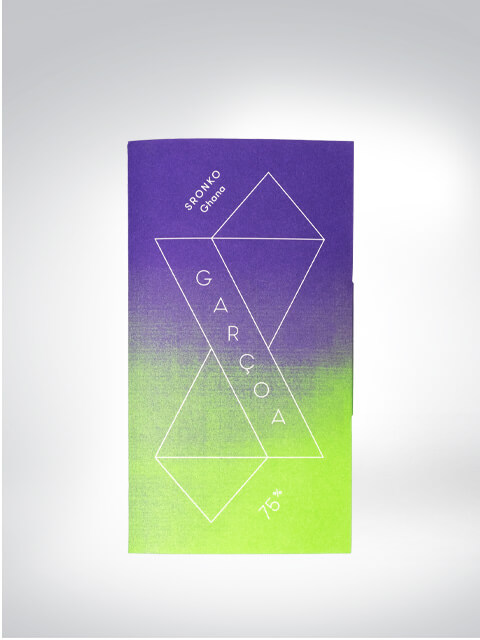 A bar of Garcoa Chocolate 75% in purple and green packaging with geometric pattern.