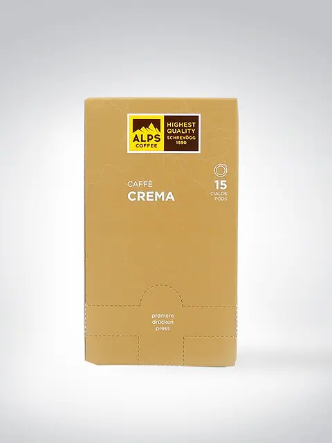 Verpackung von ALPS Coffee Caffè Crema mit 15 Kaffeepads, braune Schachtel mit gelbem Logo