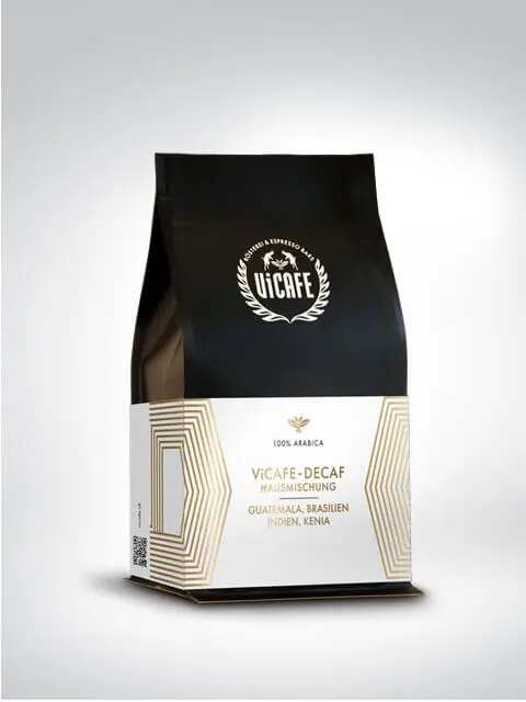 Verpackung der VICAFE Decaf Hausmischung mit 100% Arabica Kaffee aus Guatemala, Brasilien, Indien und Kenia