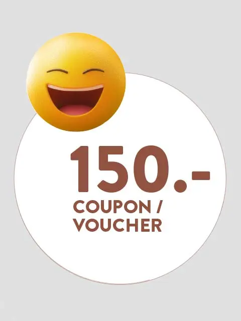 Image of a 150 Euro voucher with a laughing emoji