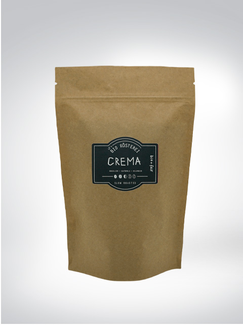 Brown paper bag from Organic Roastery Crema with label