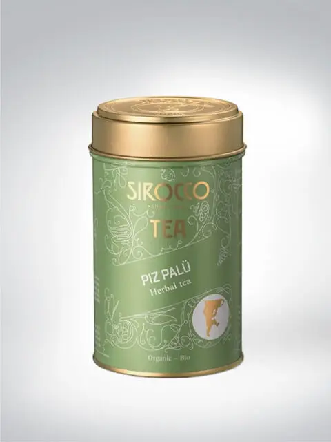 Grüne Metallbox mit Sirocco Piz Palü Bio Kräutertee