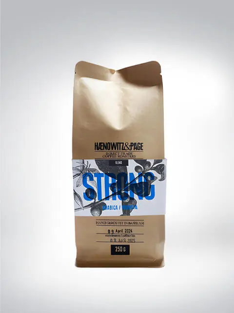 Verpackung des Haenowitt & Page Kaffee Blend STRONG mit 250g Inhalt, Arabica- und Robusta-Bohnen, im Detail abgebildet.