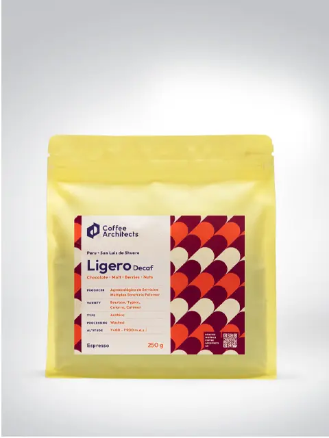 Package of decaf coffee Ligero from Peru, 250g, with notes of chocolate, malt, berries, and nuts