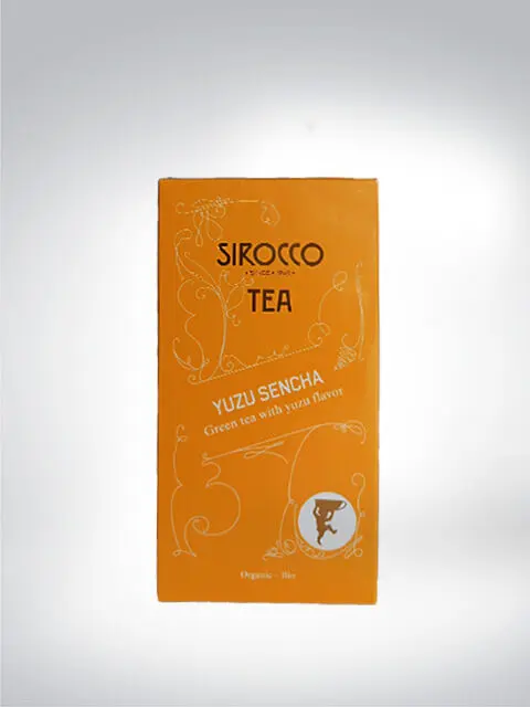 Verpackung von Sirocco Yuzu Sencha Bio-Grüntee mit Yuzu-Geschmack