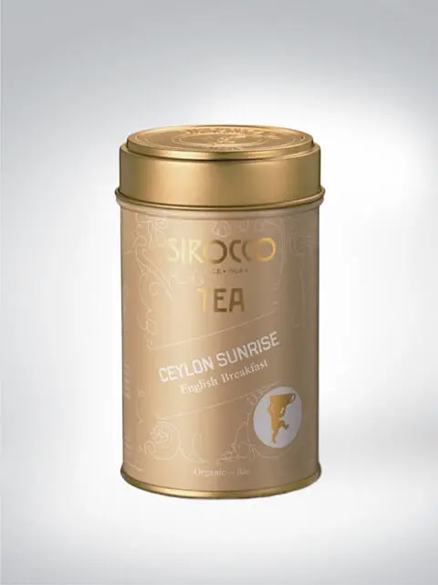 Goldene Teedose von Sirocco mit der Aufschrift 'Ceylon Sunrise English Breakfast'