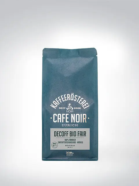 Verpackung des Café Noir Decoff Bio Fair Kaffees, 350g, aus Zürich, biologische und fair gehandelte Zutaten, 100% Arabica.