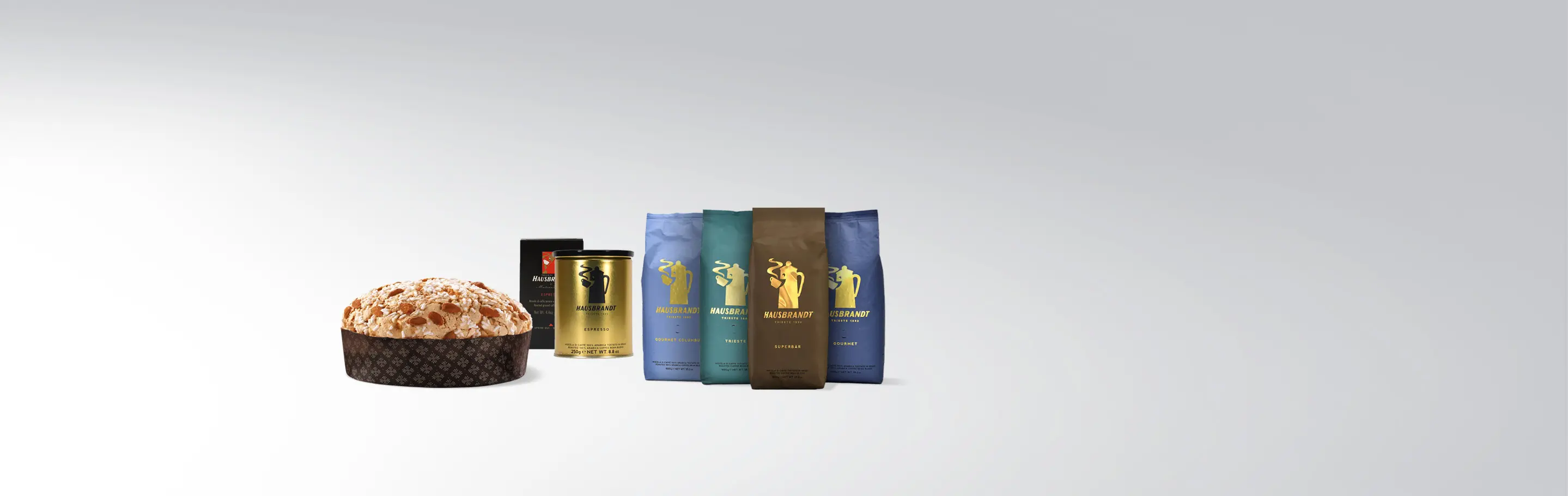 A panettone and a selection of Hausbrandt coffee products.