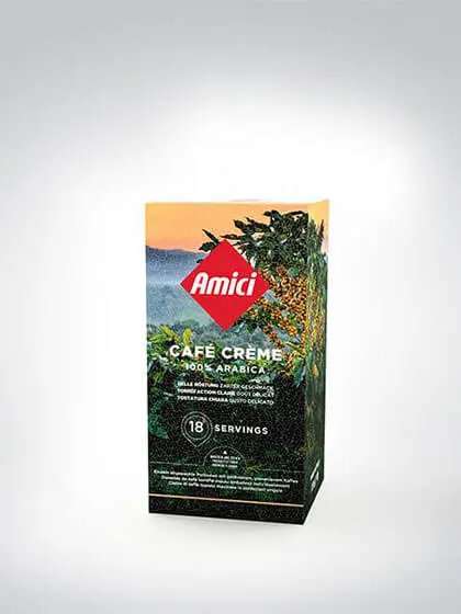 Verpackung von Amici Café Crème 100% Arabica mit 18 Portionen