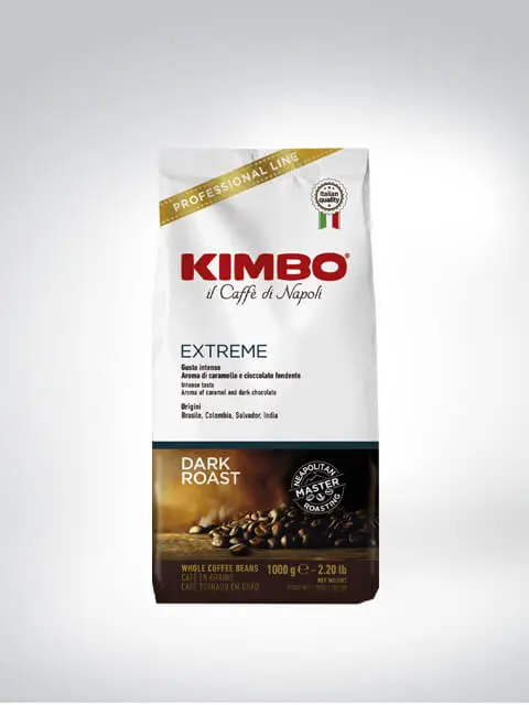 Packung mit Kimbo Extreme Kaffeebohnen 1000g, dunkle Röstung