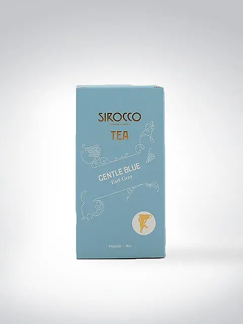 Verpackung des Sirocco Gentle Blue Earl Grey Tees, biologisch produziert