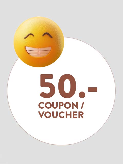 Image of a 50 Euro voucher with a smiling emoji.