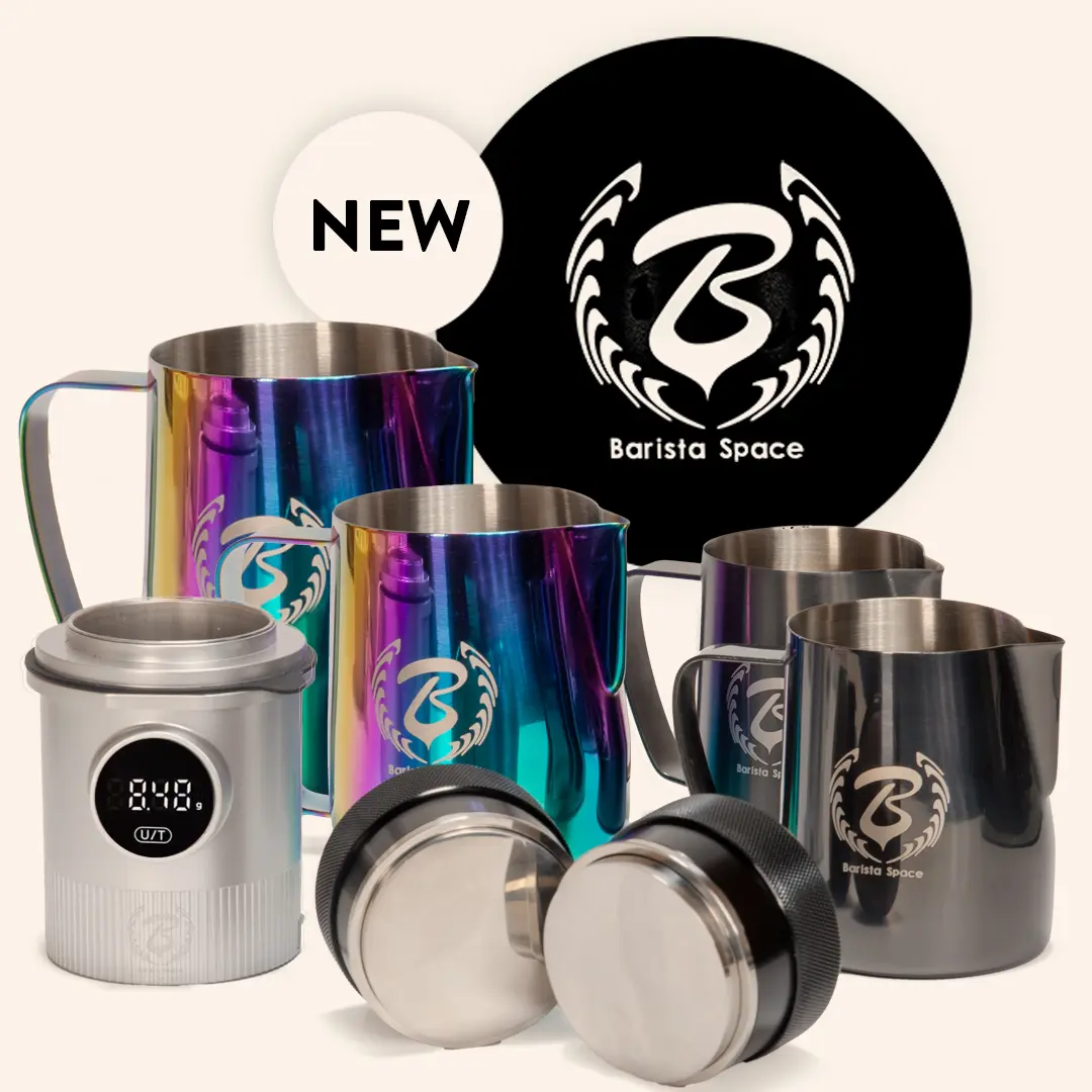 Various Barista Space milk pitchers and accessories in colorful stainless steel, now available