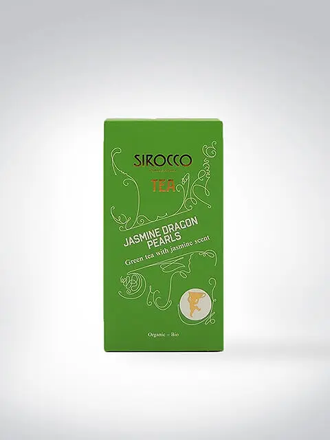 Grüne Verpackung von Sirocco Tea mit der Aufschrift "Jasmine Dragon Pearls - Grüner Tee mit Jasmin"