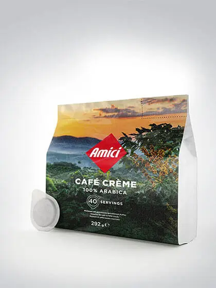 Verpackung von Amici Café Crème, 100% Arabica, 40 Portionen