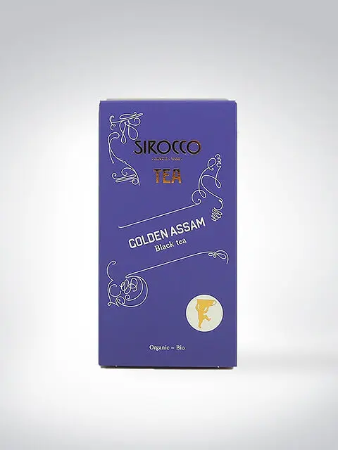 Verpackung des Sirocco Tea Golden Assam Bio-Schwarztees