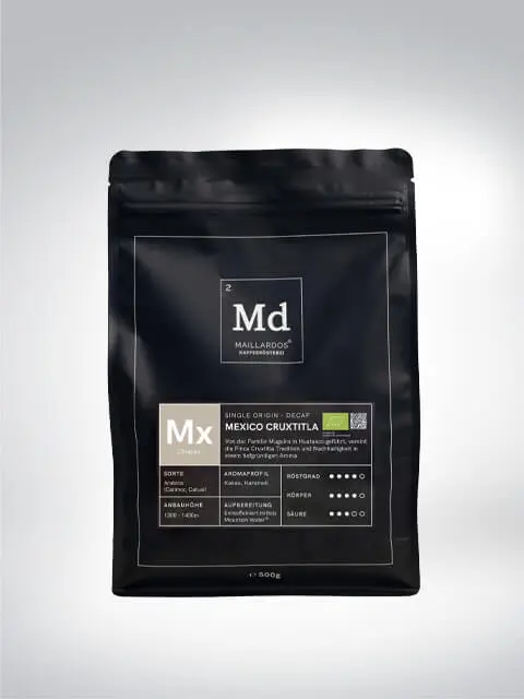 Verpackung von MALLAROOS Single Origin Kaffee Mexiko Cruxitla entkoffeiniert, 500g, mit Geschmacksbeschreibungen und Aromaprofil auf der Vorderseite