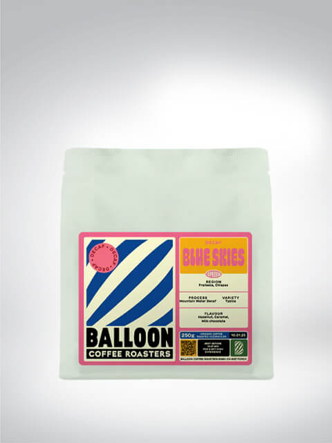 Packaging of Balloon Coffee Roasters Decaf Blue Skies Coffee