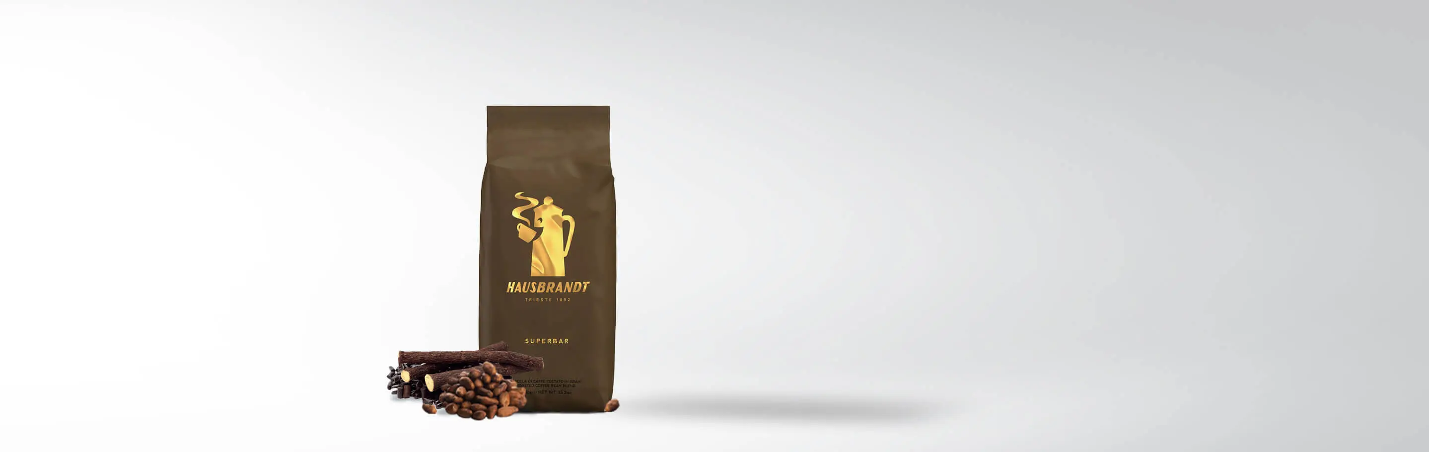 Image of a Hausbrandt Superbar coffee package and coffee beans