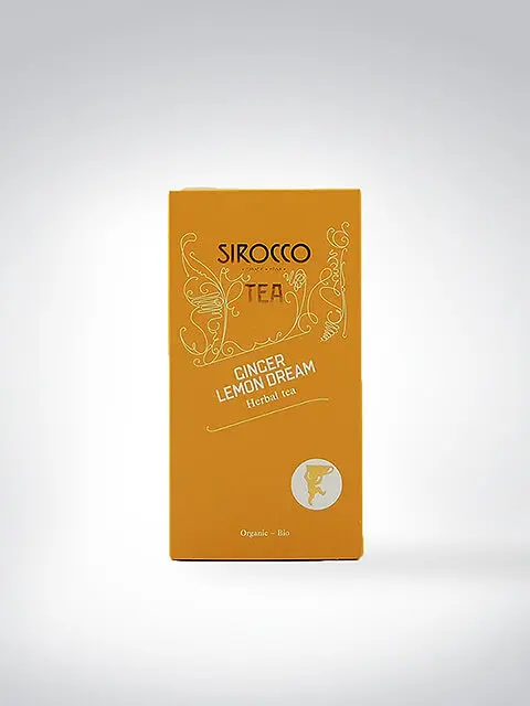 Verpackung des Sirocco Tee Ginger Lemon Dream, Bio-Kräutertee mit Zitrone und Ingwer